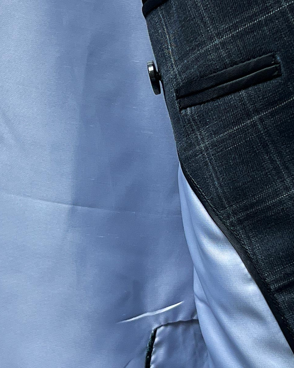 Bemberg lining feature on Westwood Hart Grey Plaid Windowpane Men's 3pc Suit, Silk Bemberg Sky Blue Lining