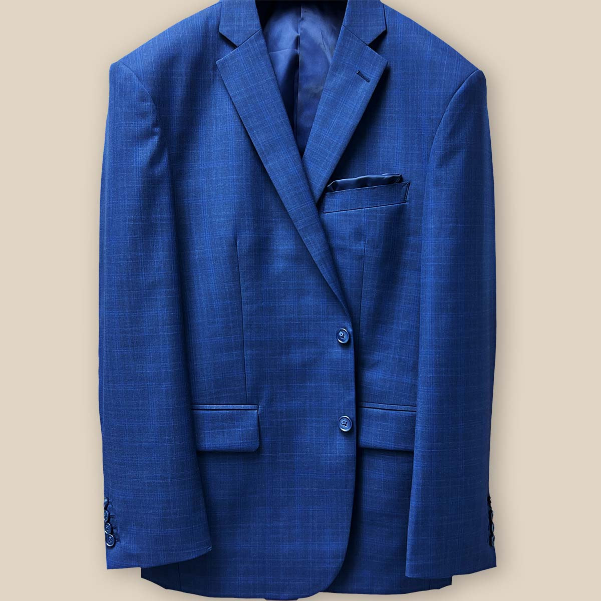 Front button view, blue plaid.