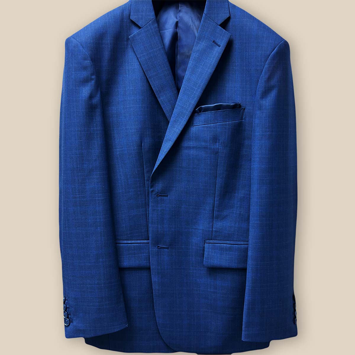Front buttonhole view, blue plaid.