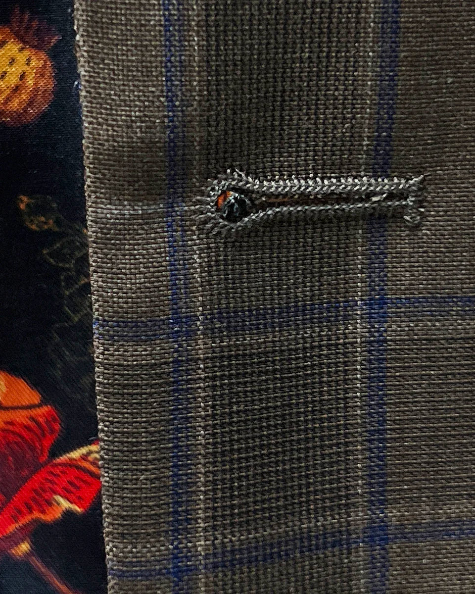 Close-up view of the buttonhole stitching on a chocolate brown sportcoat.