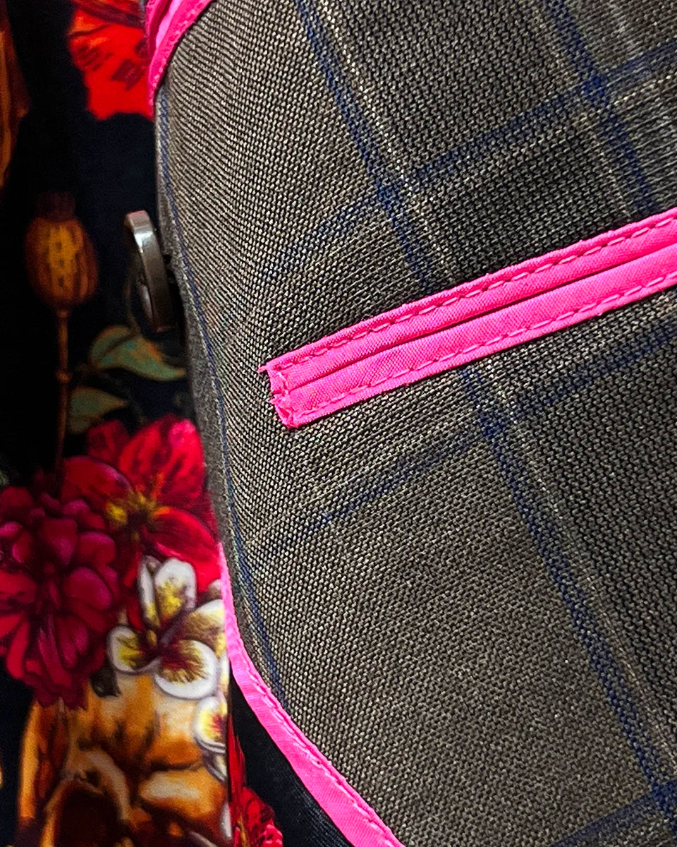 View highlighting the flash linings inside a chocolate brown sportcoat.