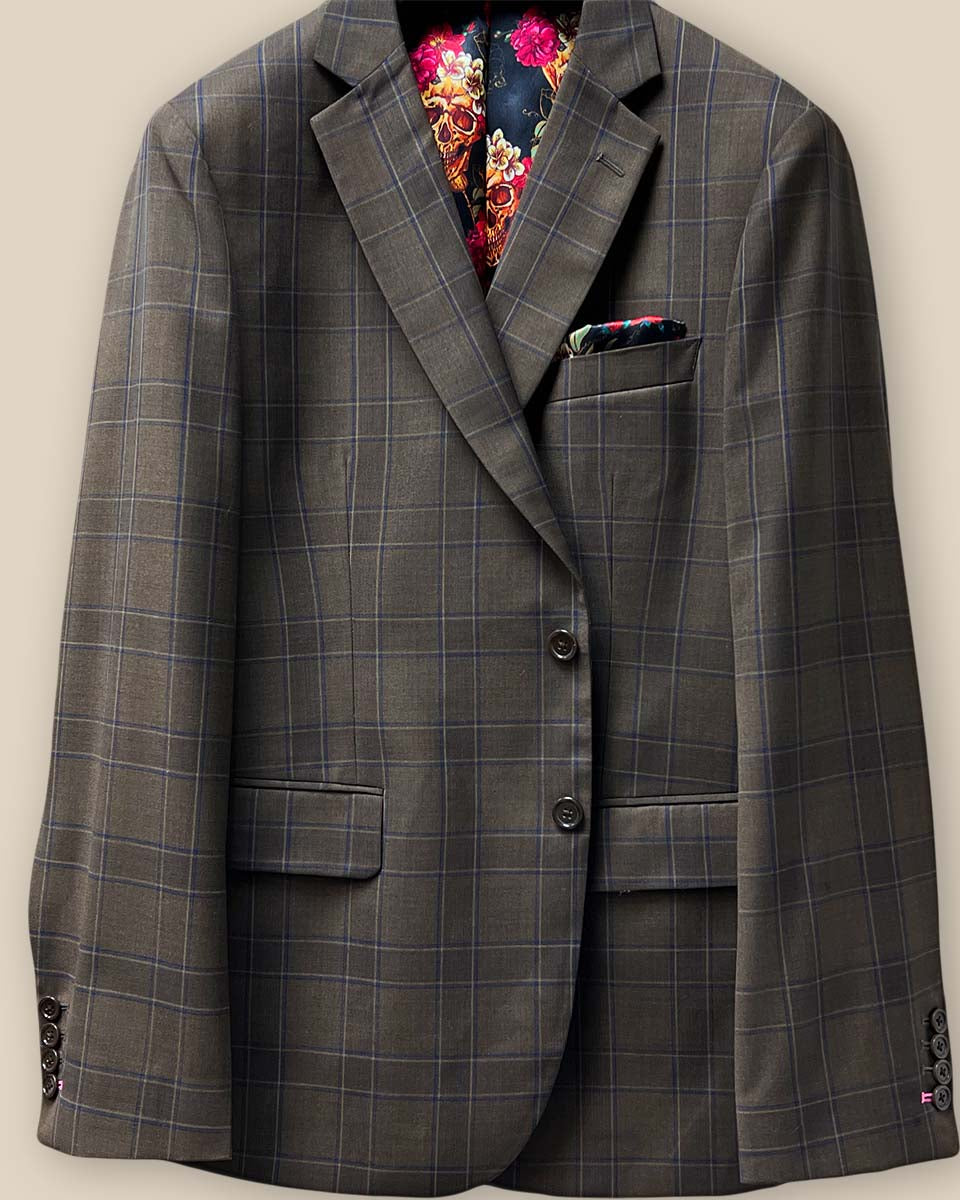 Close-up of the front button panel on a chocolate brown sportcoat with brown horn buttons.