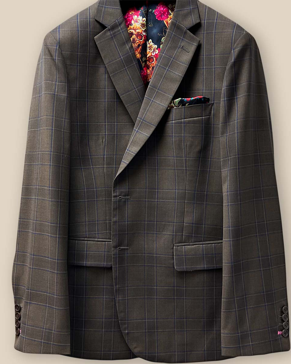 Close-up of the front buttonhole panel of the chocolate brown sportcoat.