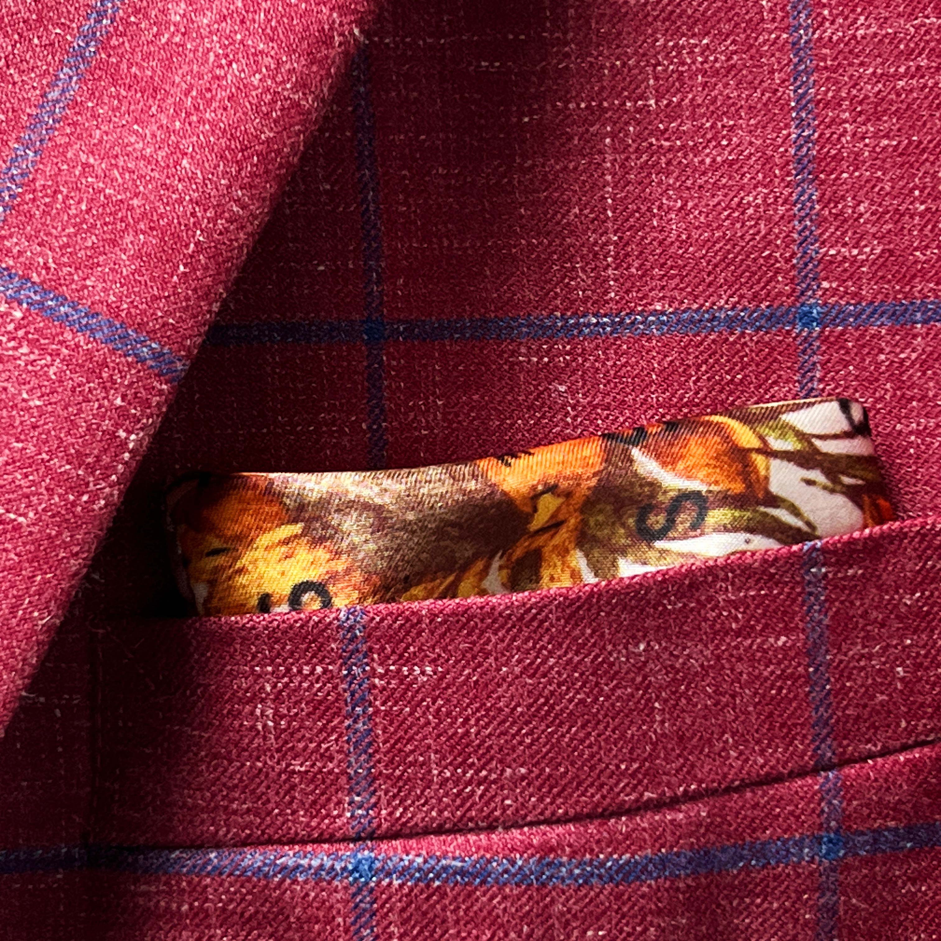 Classic suit with a modern twist, rust maroon and royal blue windowpane design.