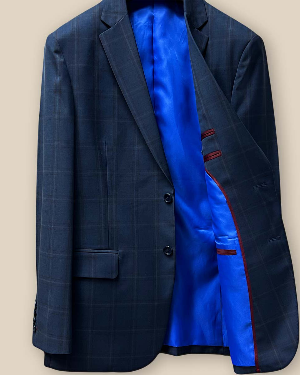 Interior view of the sportcoat showcasing the left side with royal blue lining and maroon trimming.