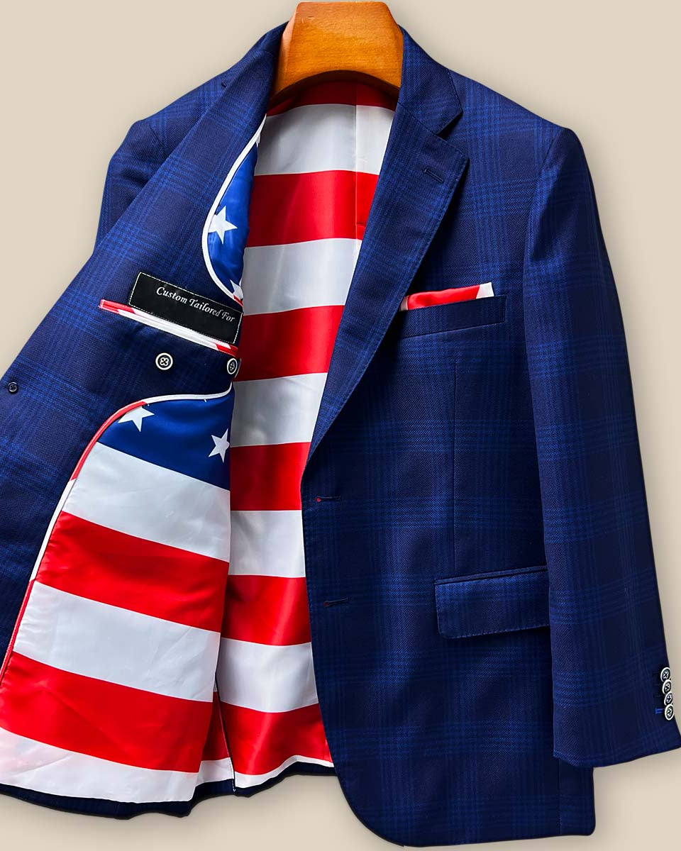 Interior right panel view of the Zegna sportcoat showing impeccable construction details and the patriotic American flag lining that makes a personal statement