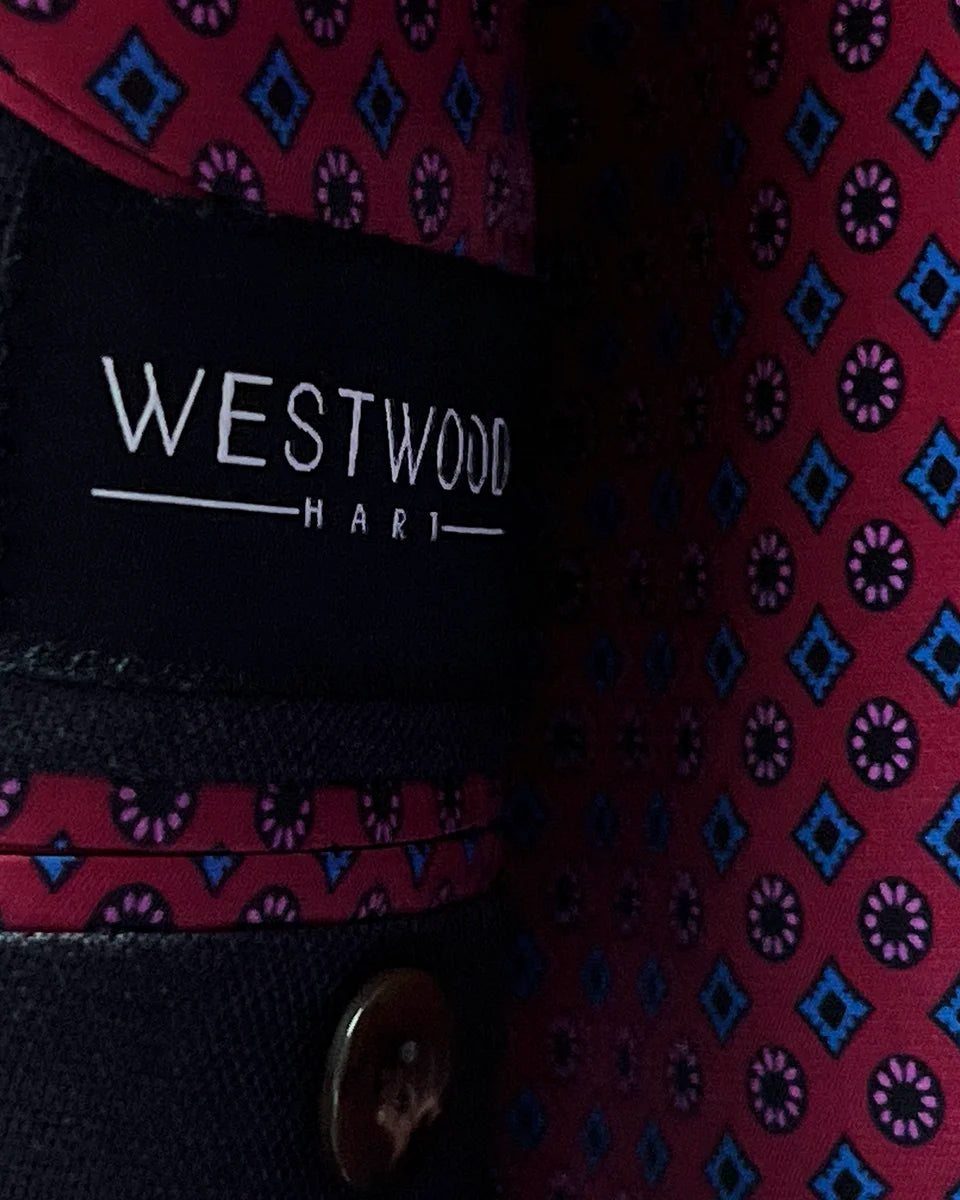 Interior view showing flash linings of a charcoal grey suit