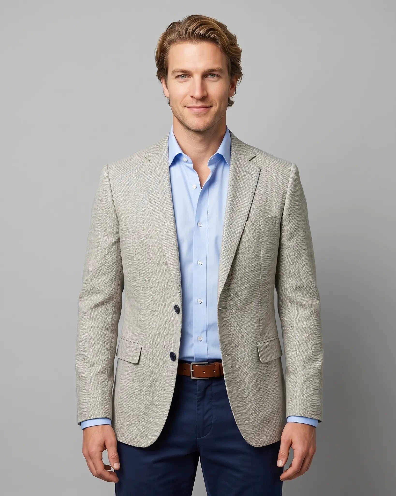 Front model view of light tan hopsack men's sport coat showing full front silhouette and open styling