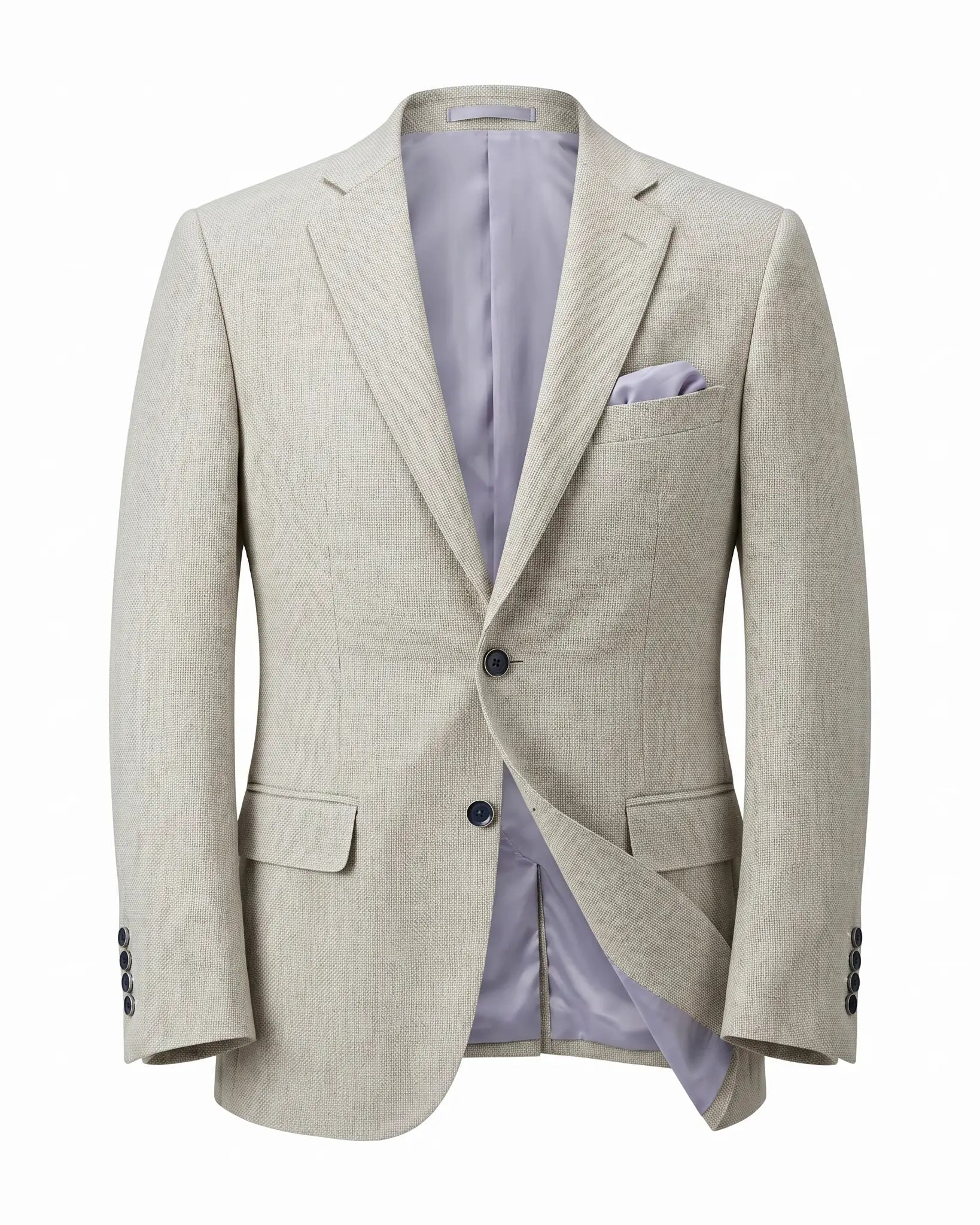 Ghost mannequin image of light tan hopsack men's sport coat showing the full jacket construction