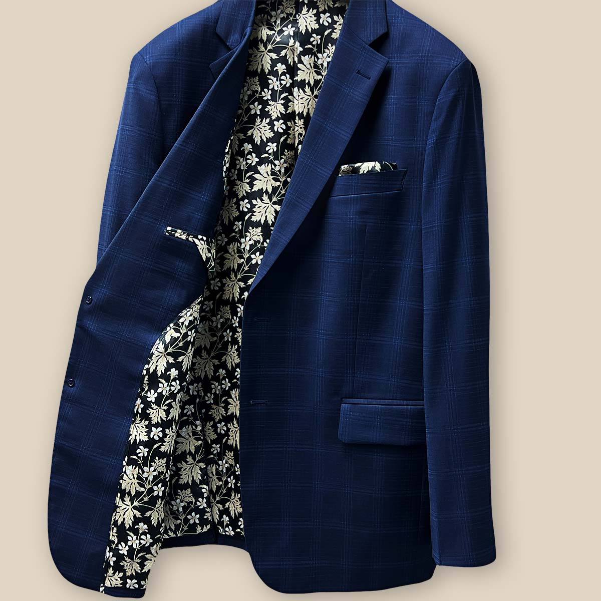 Interior right view showcasing the meticulous craftsmanship of a midnight blue windowpane suit.