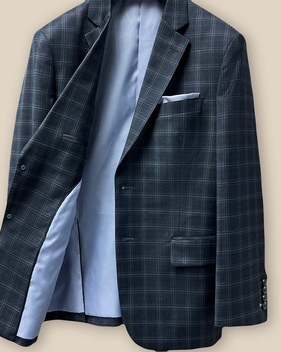 Inside jacket right view feature on Westwood Hart Grey Plaid Windowpane Men's 3pc Suit, Silk Bemberg Sky Blue Lining
