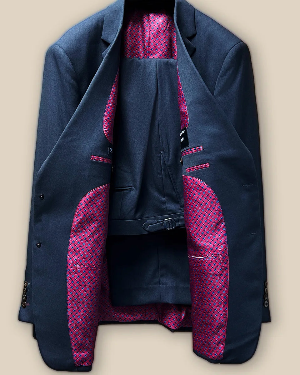 Full view of a charcoal grey basket weave suit