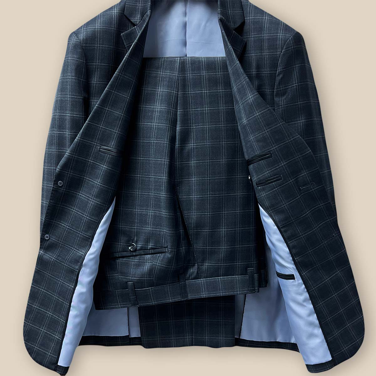 Jacket and pants full suit view feature on Westwood Hart Grey Plaid Windowpane Men's 3pc Suit, Silk Bemberg Sky Blue Lining