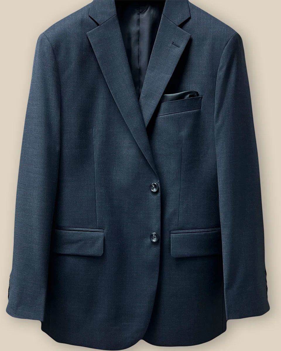 View of the button panel displaying the functional and aesthetic design on a dark gray sharkskin suit.