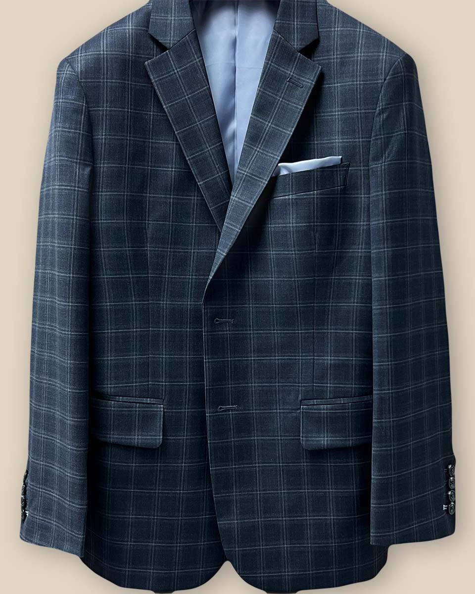 Jacket buttonhole panel view feature on Westwood Hart Grey Plaid Windowpane Men's 3pc Suit, Silk Bemberg Sky Blue Lining