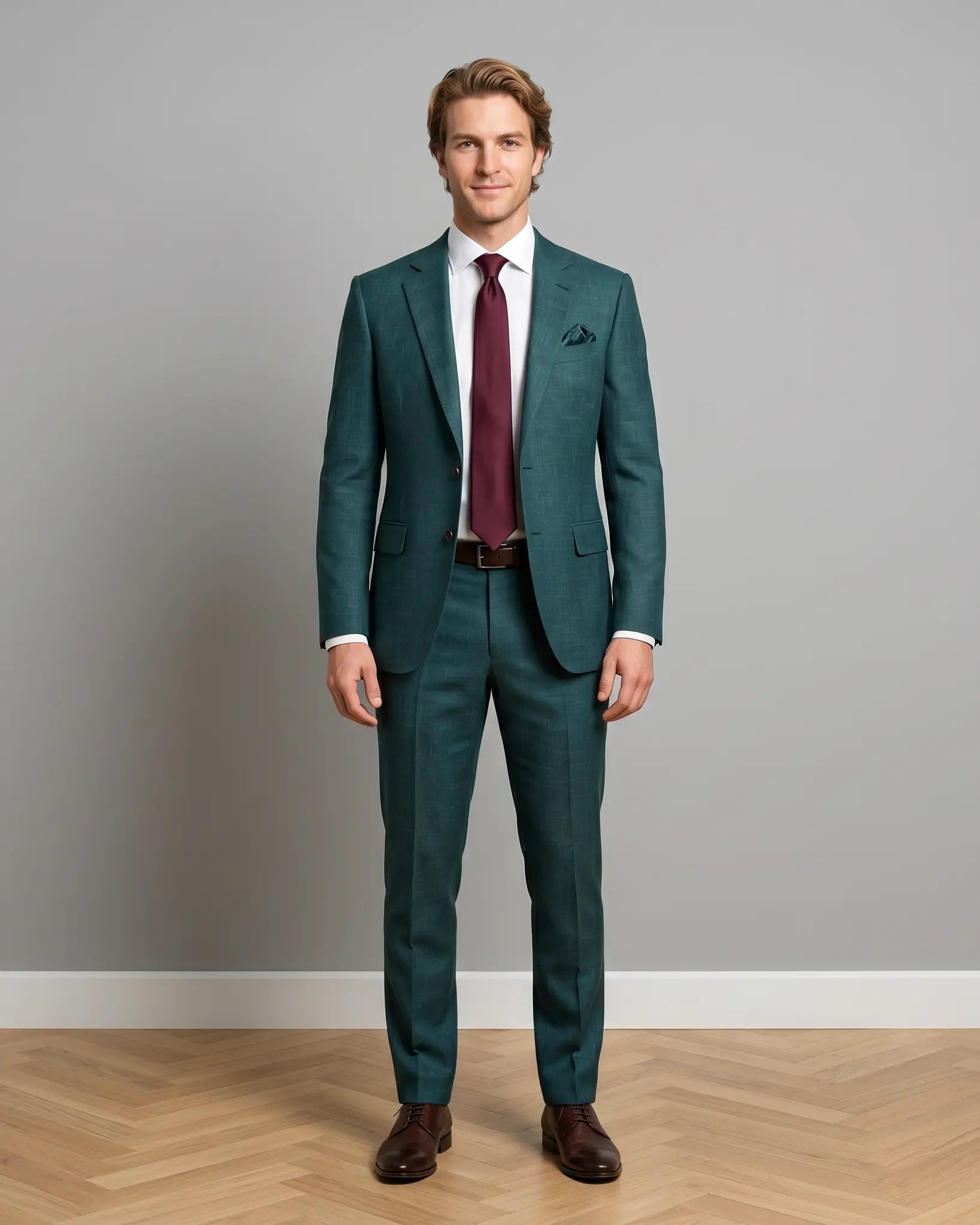 Front view editorial model image of deep green solid men's suit showing full body styling, matching trousers, white shirt, burgundy tie, and dark brown shoes