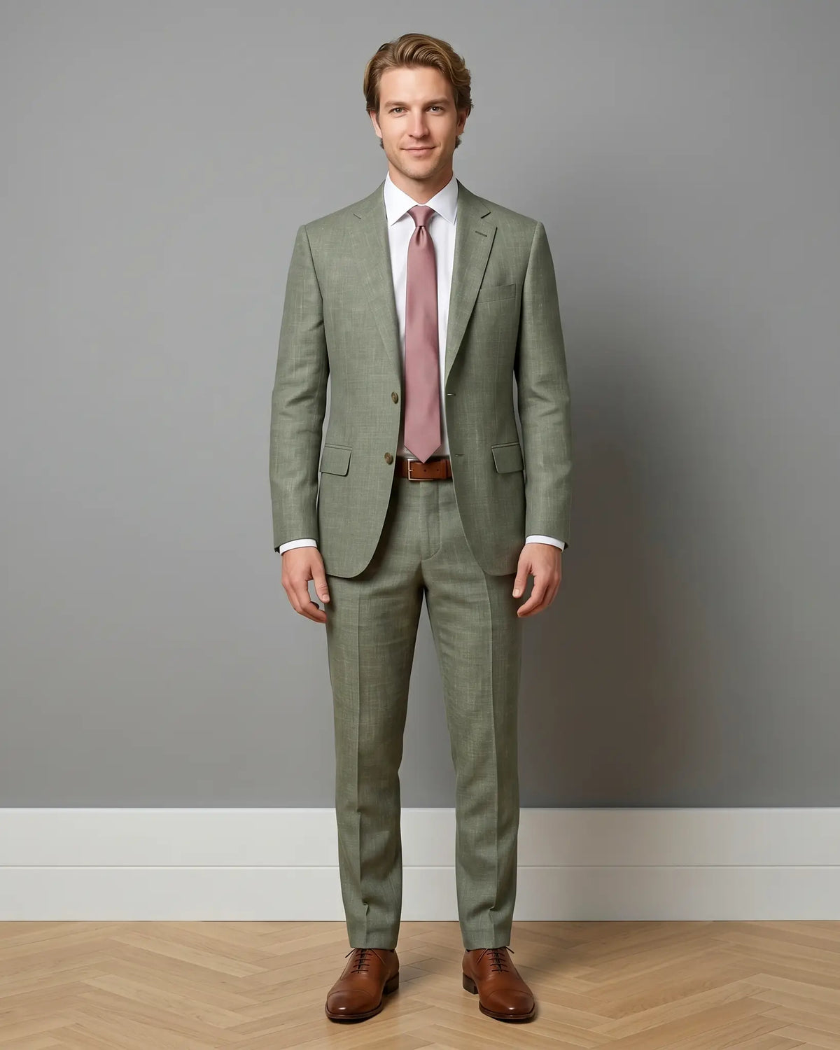 Front view of sage green plain men's suit showing full body model shot with botanical lining reveal