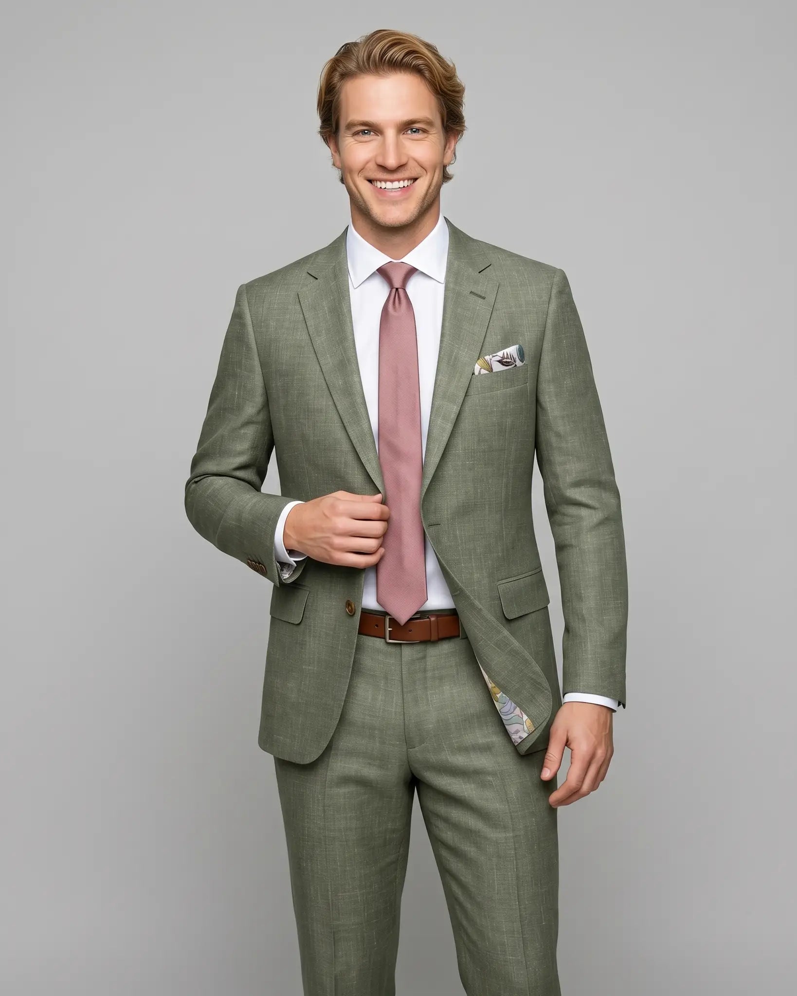 Three quarter length view of sage green plain men's suit showing tailored silhouette and jacket drape