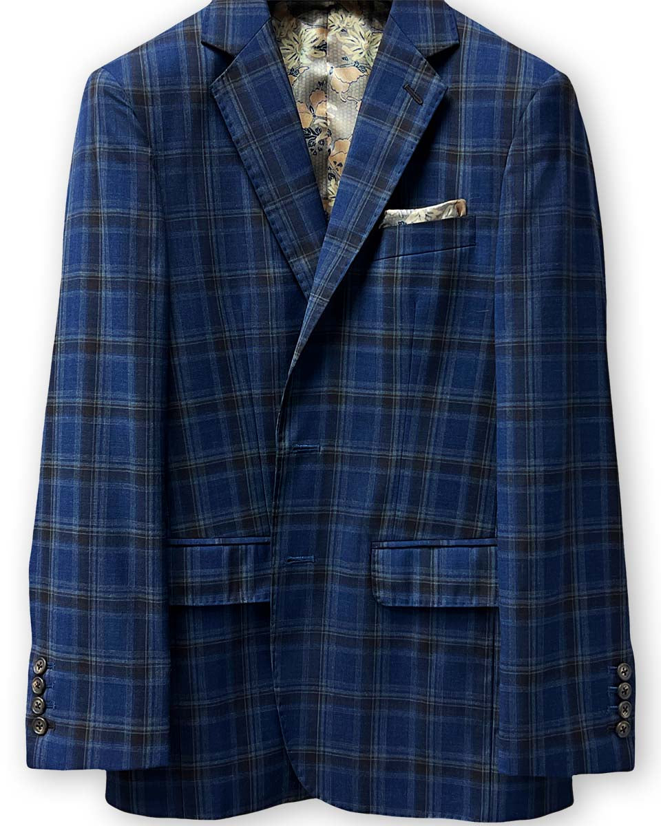 Tailor-made dark blue and brown plaid suit in 100% Australian Merino wool by Westwood Hart.