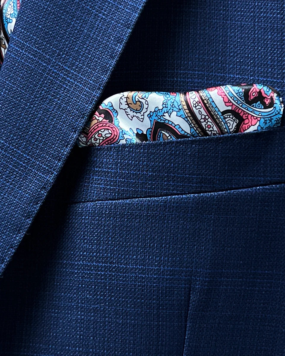 View of the built-in pocket square option for the royal blue suit.
