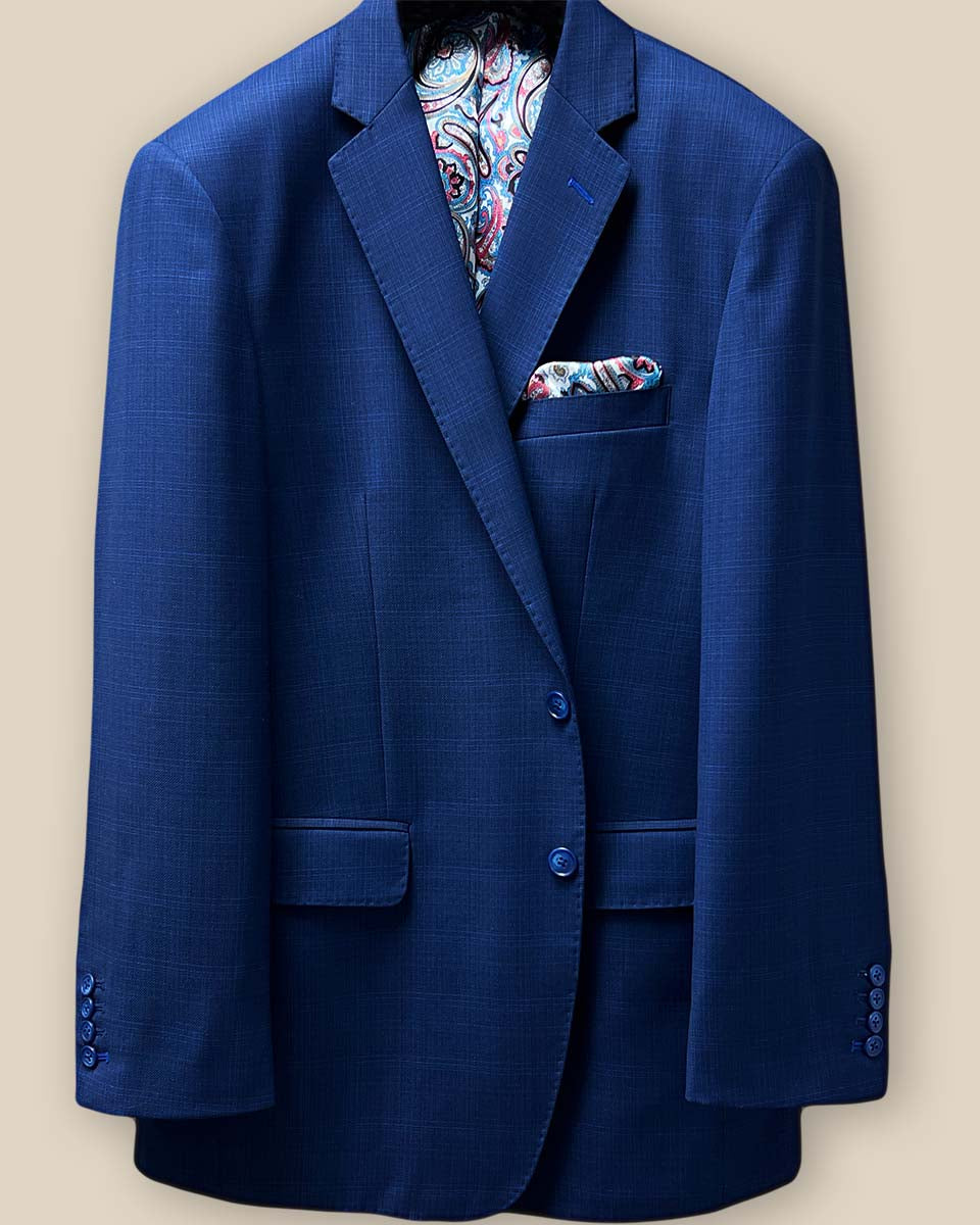 Detailed view of the jacket button panel with navy marble horn buttons.