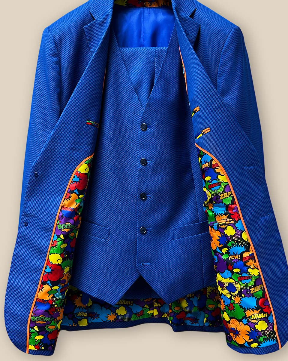 Full view of the three-piece sapphire blue men's suit including the vest, offering an elegant and coordinated appearance.