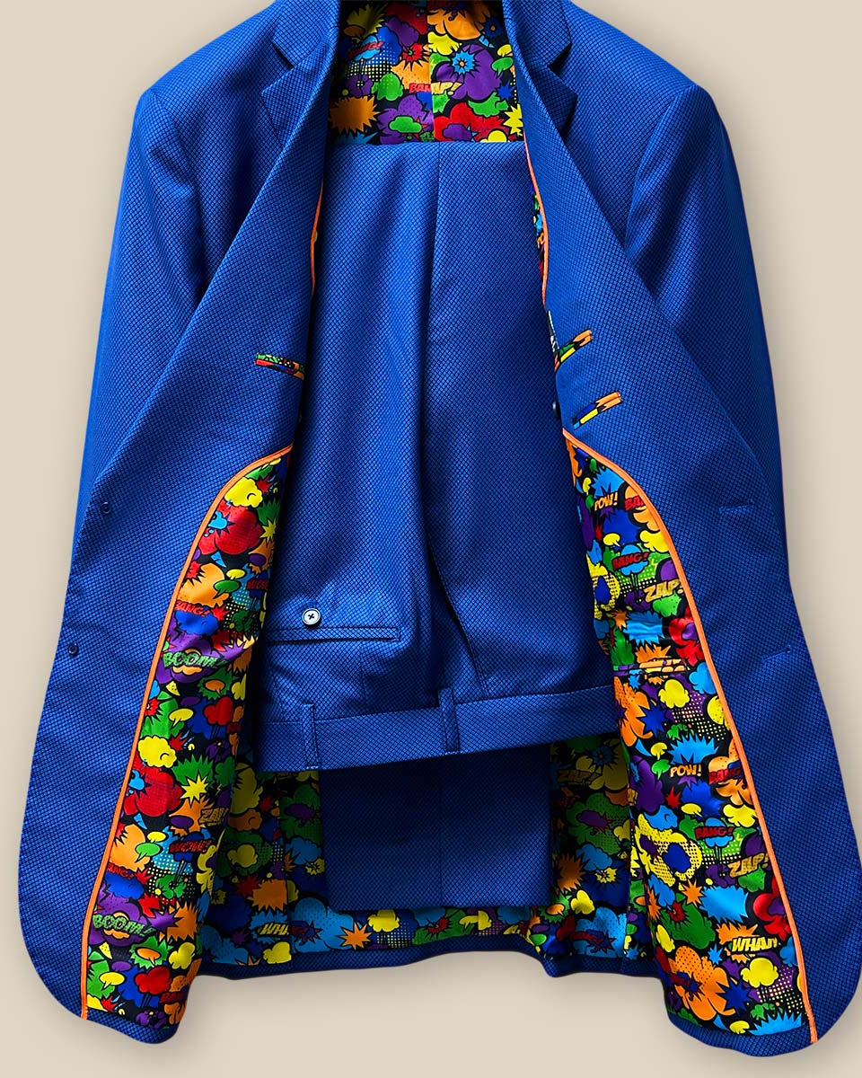 Full view of the two-piece sapphire blue men's suit by Westwood Hart, perfectly tailored for a modern, sophisticated look.