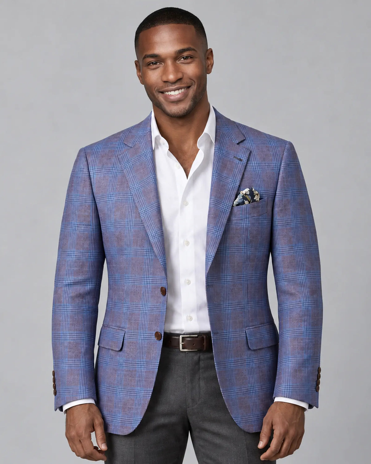 Front model view of lilac mauve with cornflower blue Glen plaid men's sport coat showing the hero front look