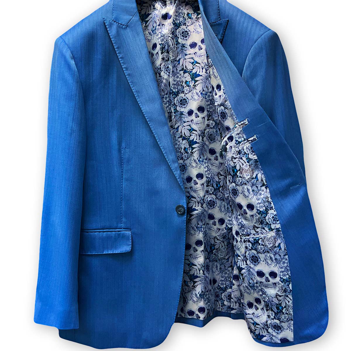 Blue herringbone men's suit, tailored from 100% Australian Merino wool for a perfect fit.