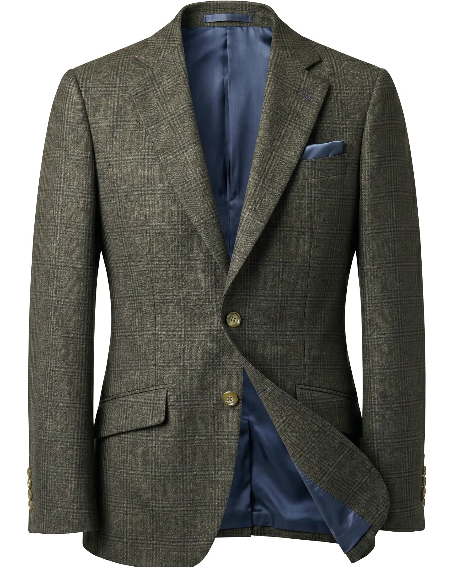 Ghost mannequin view of charcoal brown melange tonal Glen Plaid men's sport coat showing the full jacket silhouette, slanted flap pockets, and notch lapels.