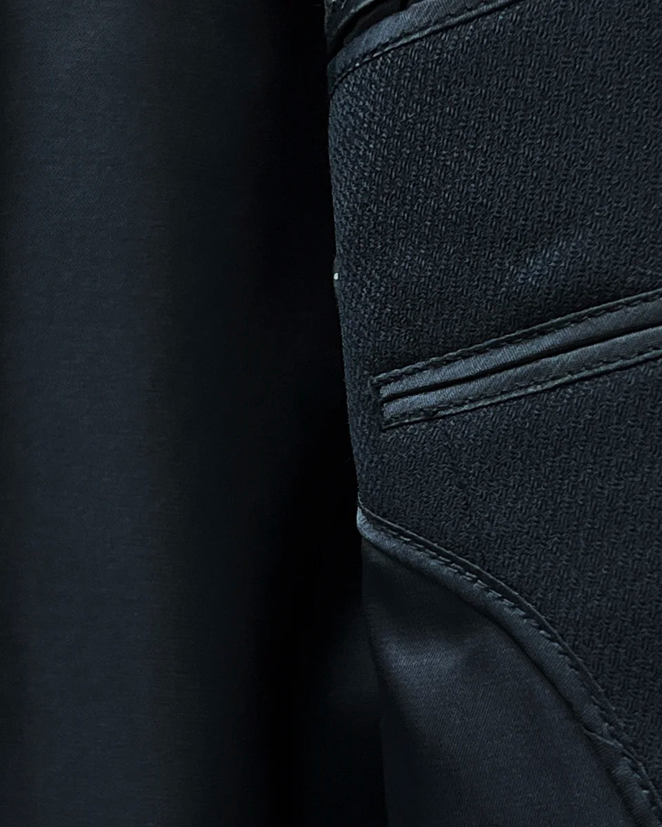 Close-up of the smooth black Bemberg silk lining inside a Westwood Hart suit jacket