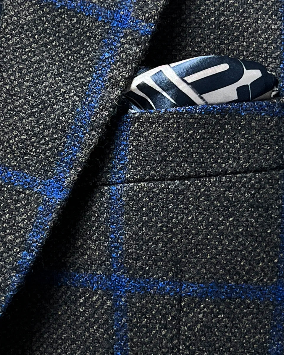 Pocket square on the Westwood Hart brown with royal blue windowpane sportcoat