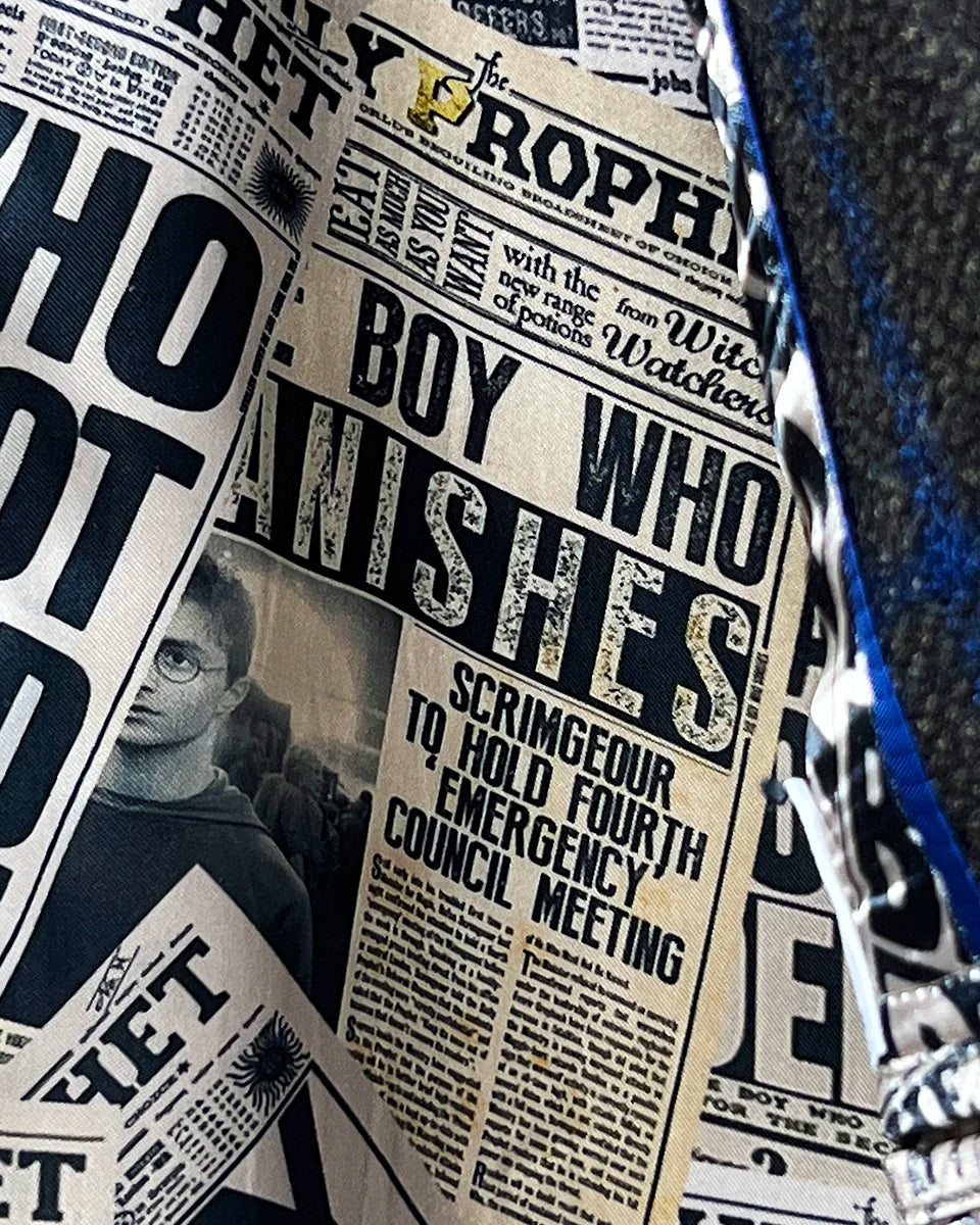 Flash lining view of the Harry Potter newspaper theme inside the Westwood Hart sportcoat.