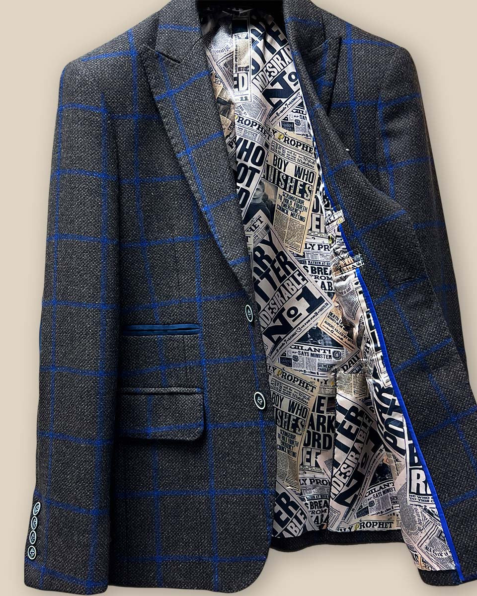 Inside left view of the Westwood Hart sportcoat, showcasing the Harry Potter newspaper theme lining and interior pocket.