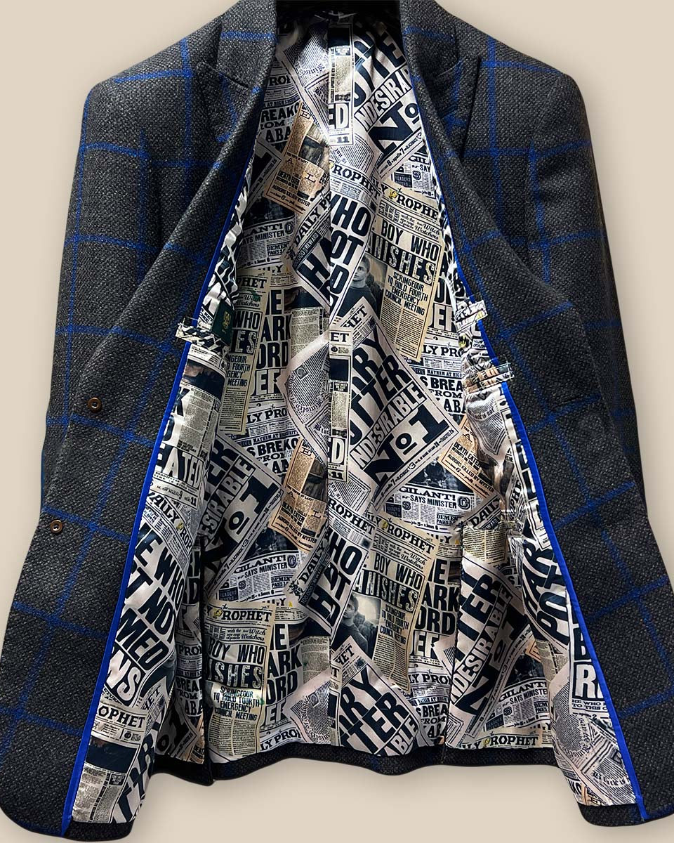 Full inside view of the sportcoat's unique Harry Potter newspaper theme lining by Westwood Hart.