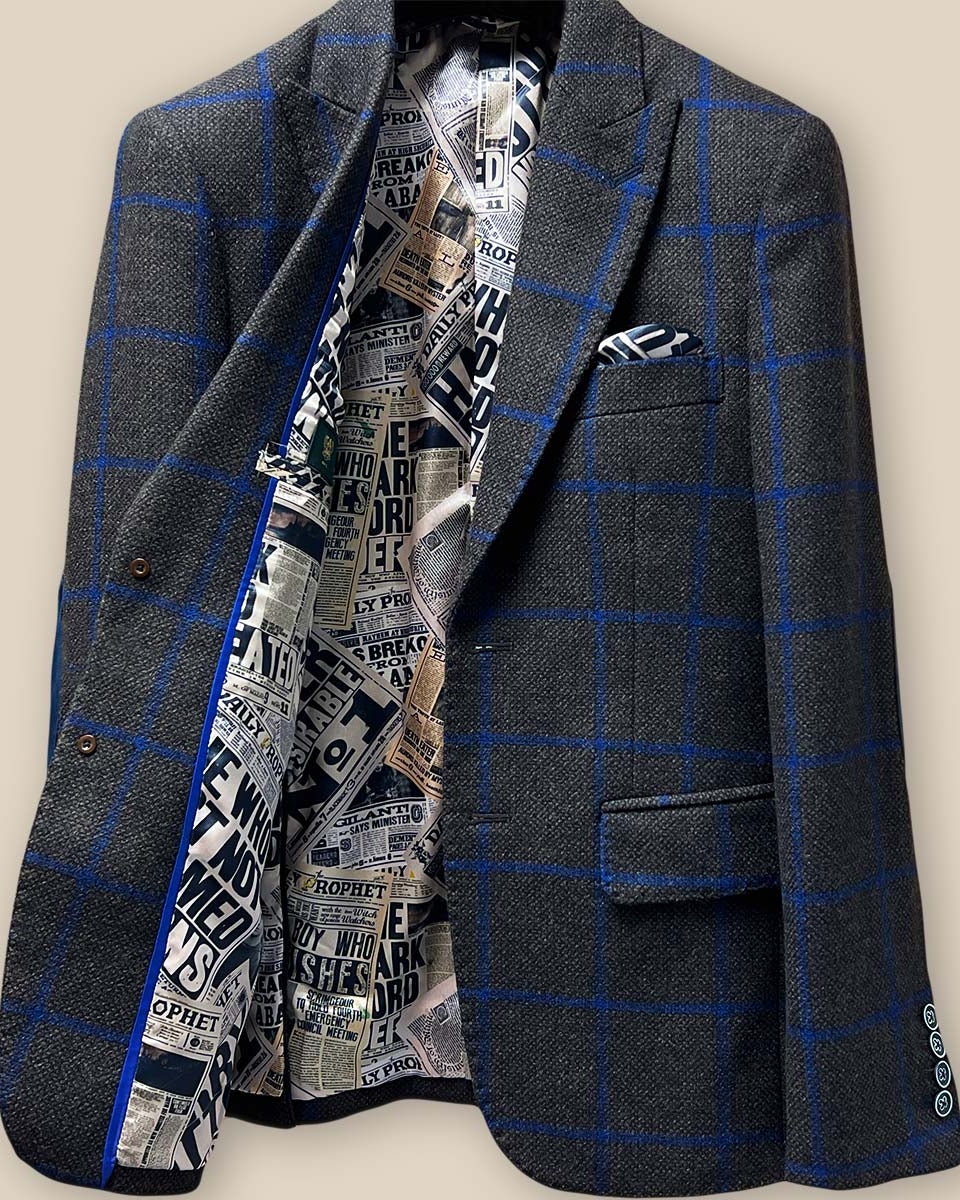Inside right view of the Westwood Hart sportcoat, highlighting the Harry Potter newspaper theme lining and inner pocket details.