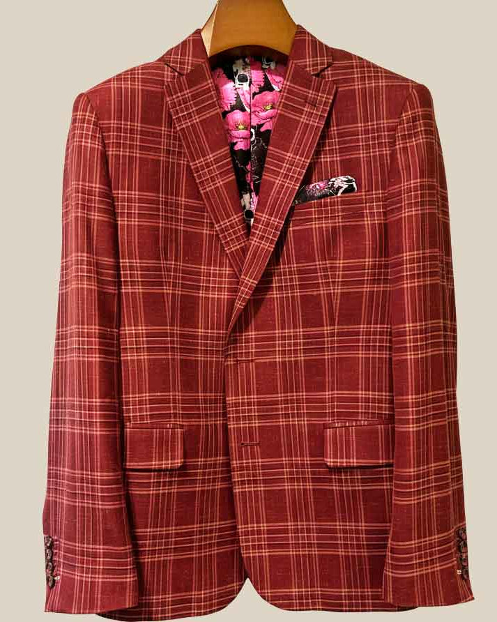 Close-up view of burgundy plaid sport coat showing contrast white accent buttonhole with hand-finished stitching detail