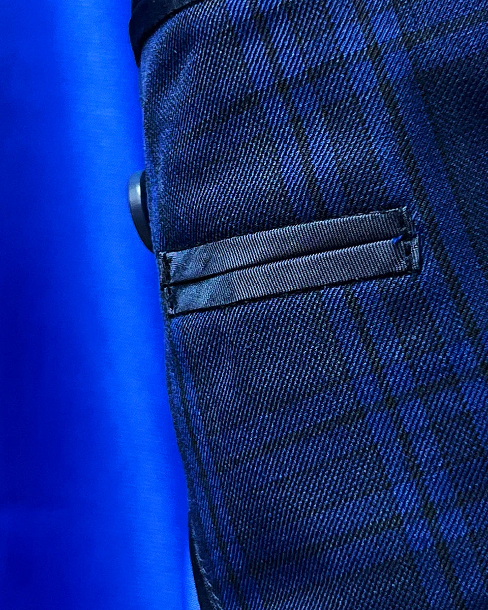 Close-up of royal blue silk bemberg lining in dark blue Westwood Hart suit jacket