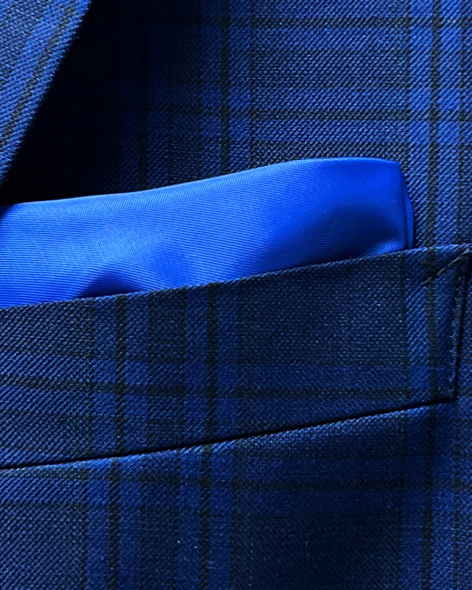 Close-up of built-in pocket square feature in dark blue Westwood Hart suit jacket