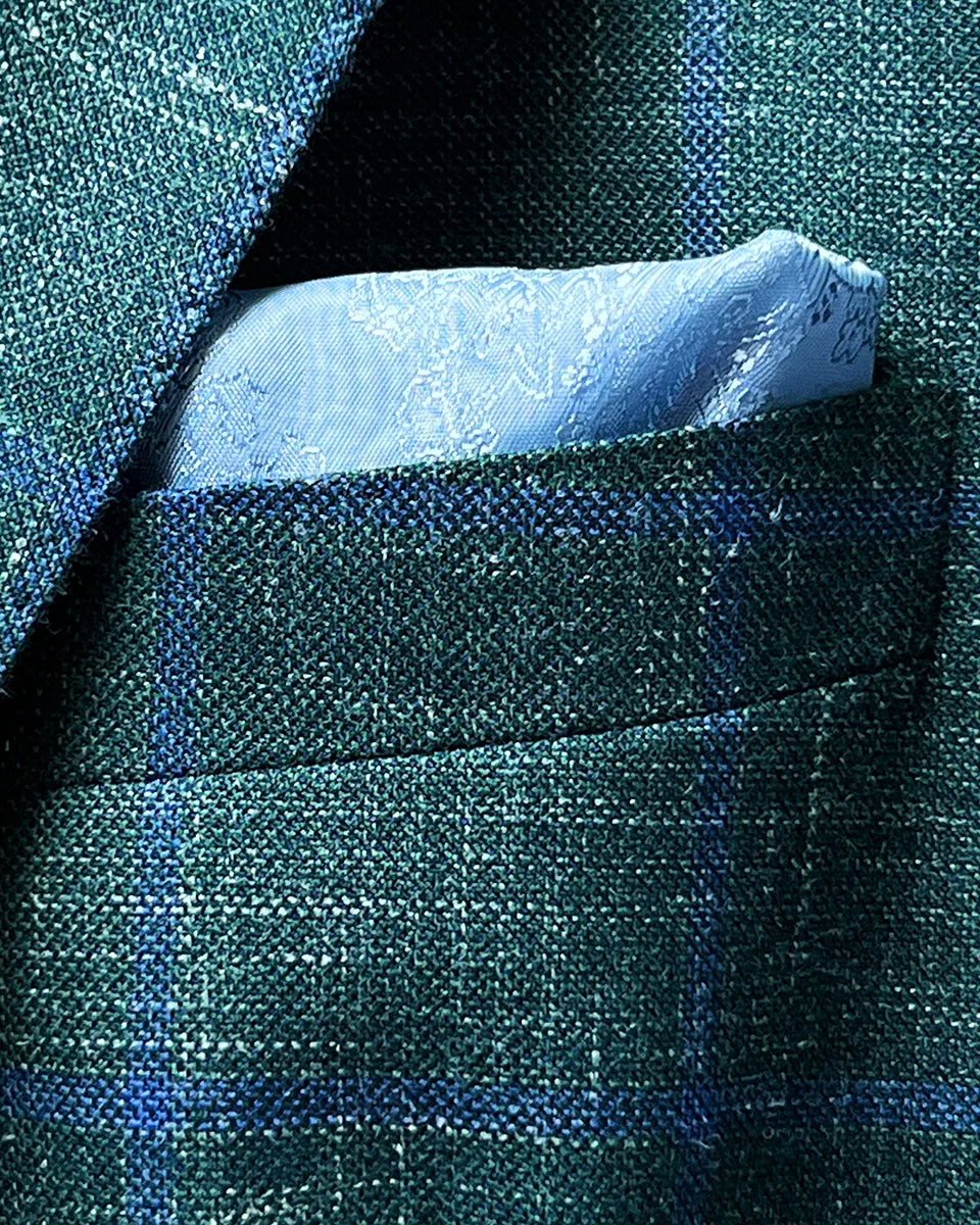 Dark green Westwood Hart windowpane sport coat with built-in pocket square, adding a touch of sophistication