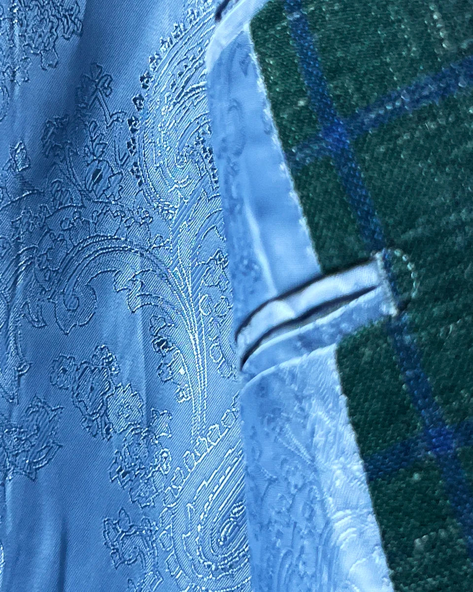 Interior flash lining options for dark green Westwood Hart windowpane sport coat, showcasing various vibrant patterns