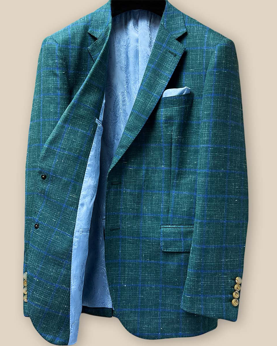 Interior view of dark green Westwood Hart windowpane sport coat, right side, showing lining details and tailoring craftsmanship