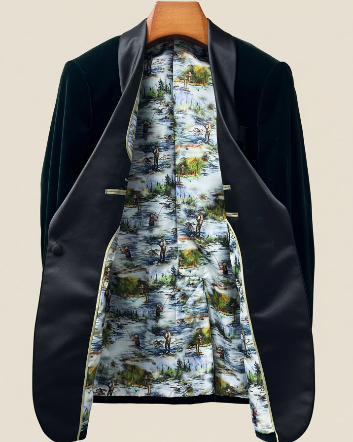 Black blazer with a colorful patterned lining on a beige background