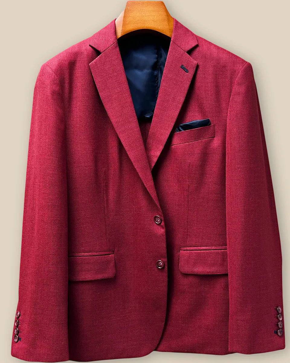 Front button panel of deep red basketweave sport coat jacket featuring dark red horn buttons and hand pick stitching
