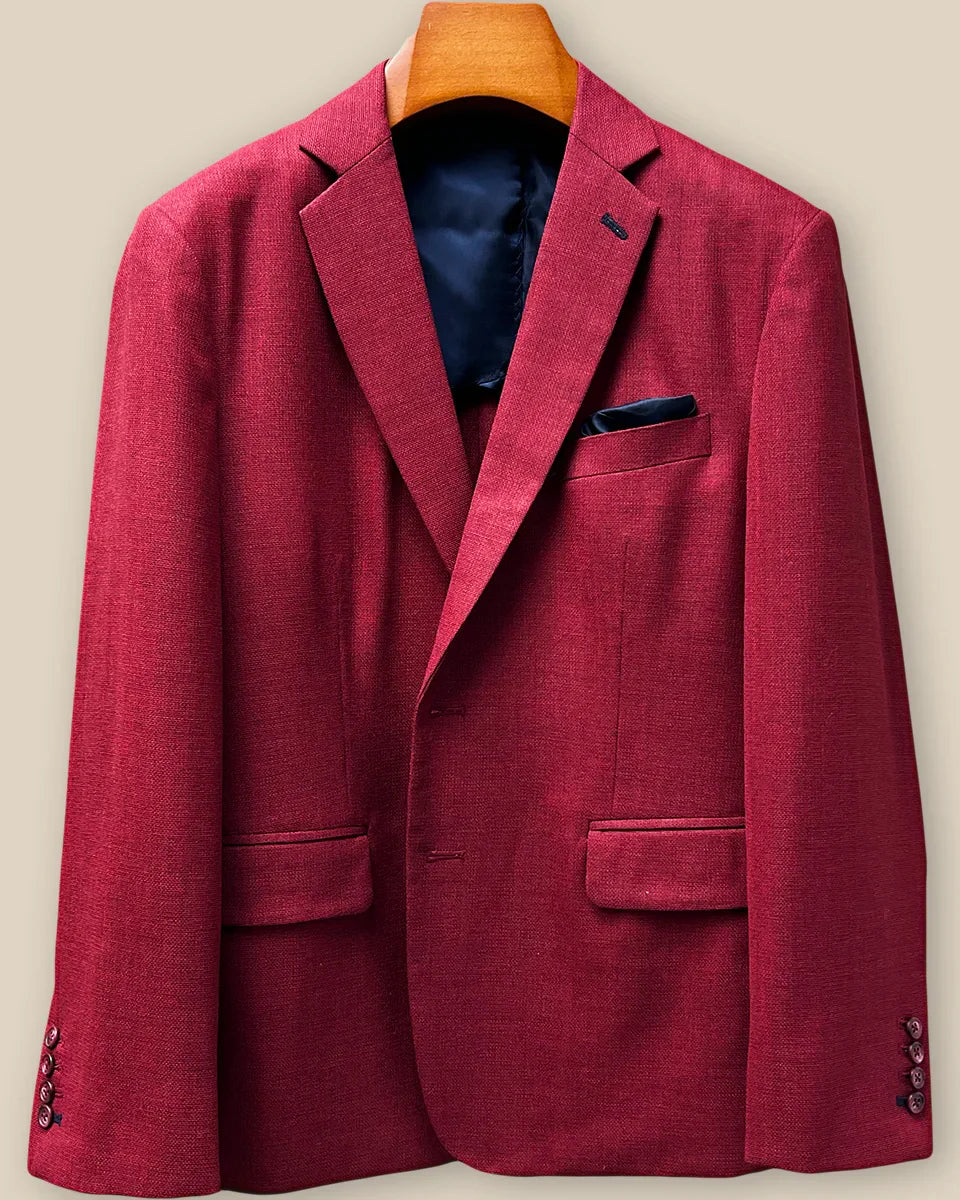 Close-up view of deep red basketweave sport coat jacket showing contrast navy blue accent buttonhole with hand-finished stitching detail