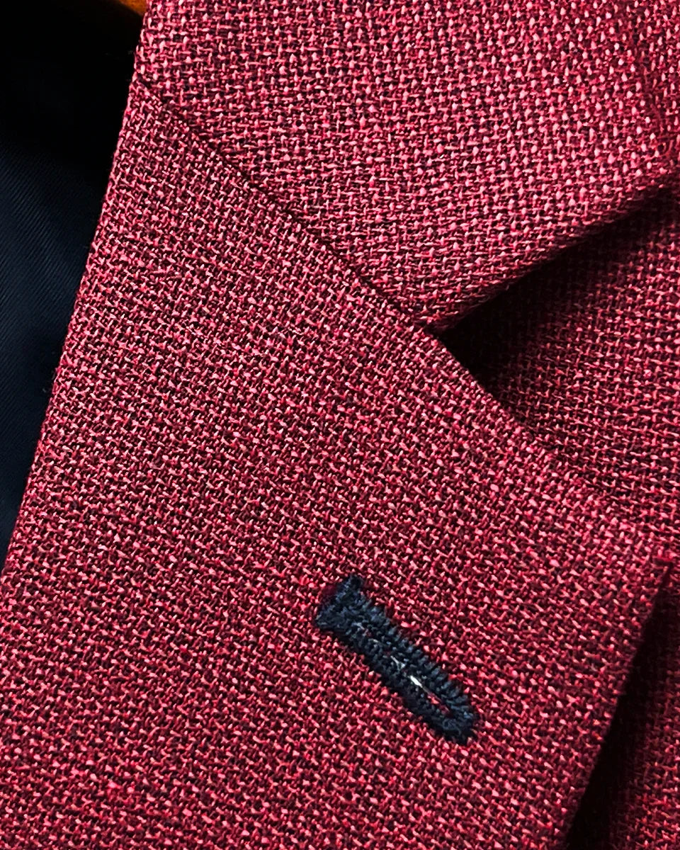Classic notch lapel detail on deep red basketweave sport coat jacket showing hand pick stitching and basketweave texture
