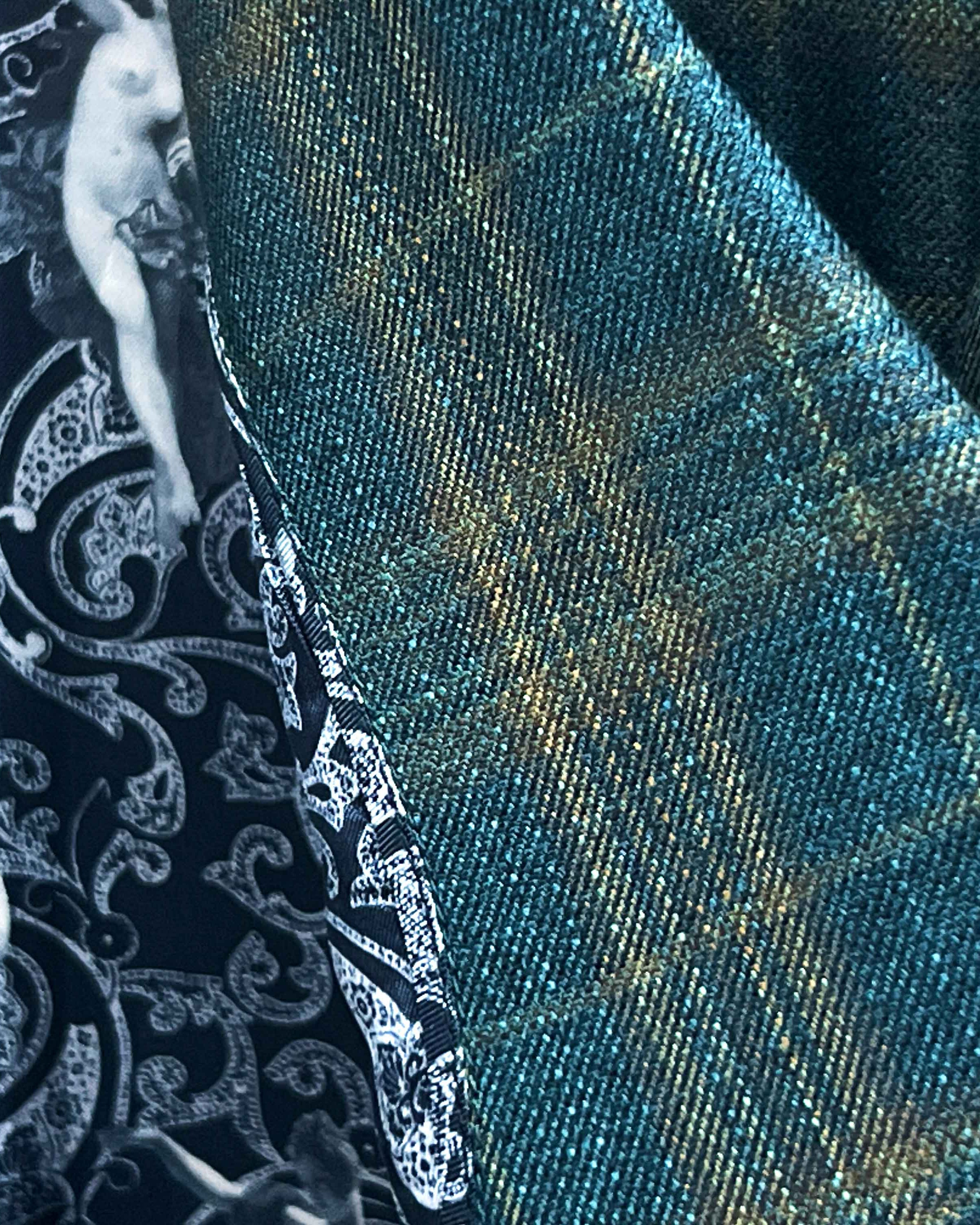 Close-up of premium bamboo fabric texture showing deep teal green multi check plaid pattern weave