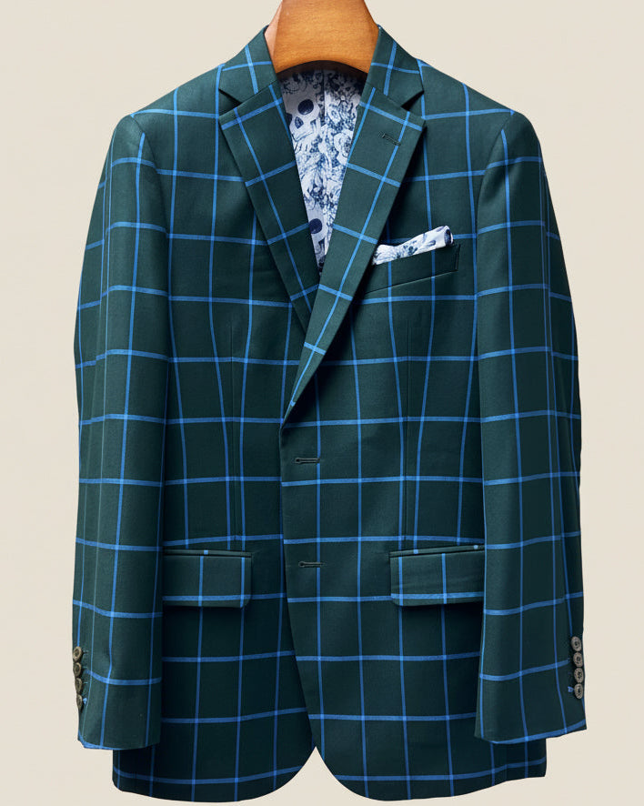 Close-up view of forest green windowpane sport coat showing contrast bright blue accent buttonhole with hand-finished stitching detail