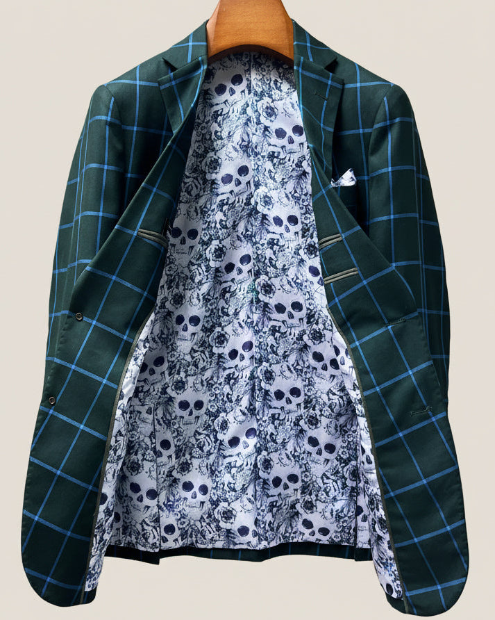 Full interior view of custom sport coat showcasing luxurious white and light blue floral and skull pattern lining with Westwood Hart branding