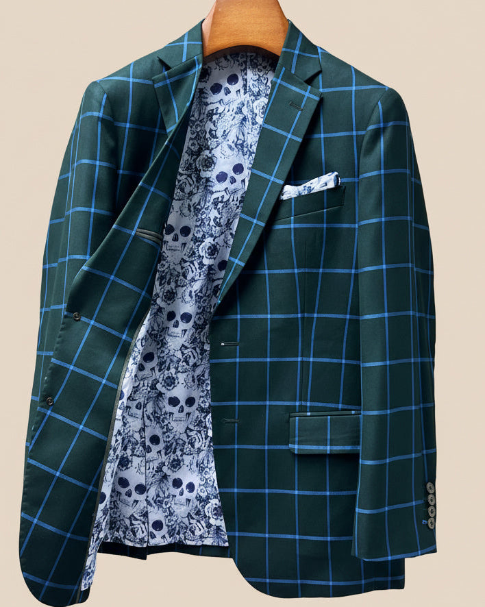 Interior right side of forest green windowpane sport coat revealing floral and skull pattern lining and internal construction details